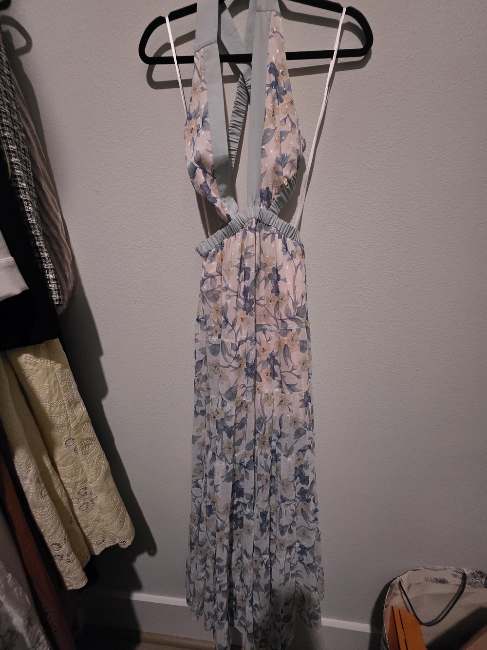 Hello Molly Pale Blue and Cream Floral Halter Maxi Dress
